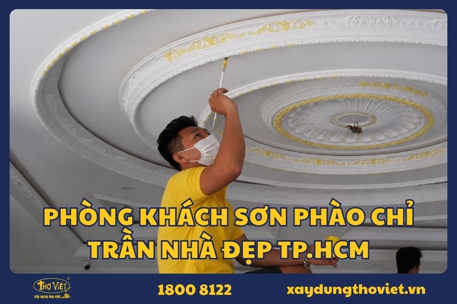 Phòng khách sơn phào chỉ trần nhà đẹp, sang trọng
