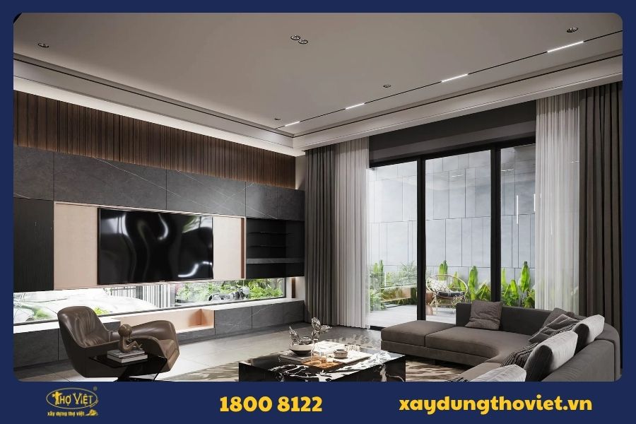 Mẫu phòng khách tối giản với phào chỉ trần tinh tế