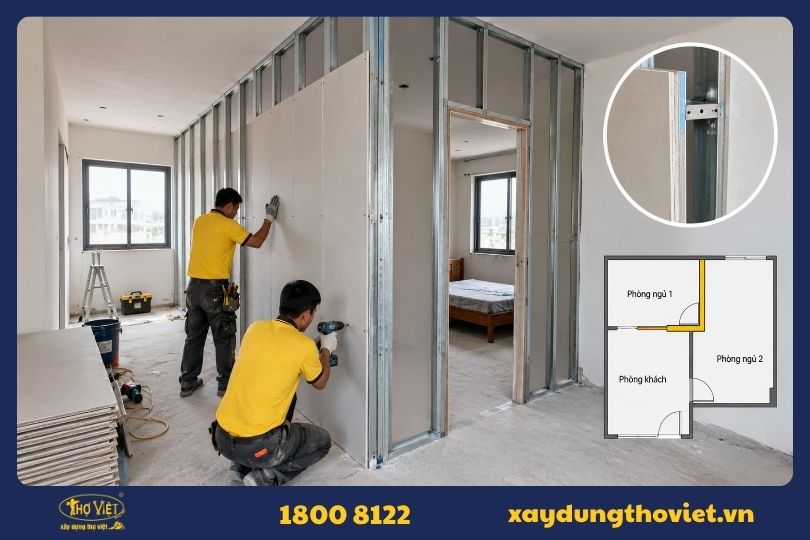 Tách phòng bằng vách thạch cao thay cho tường gạch