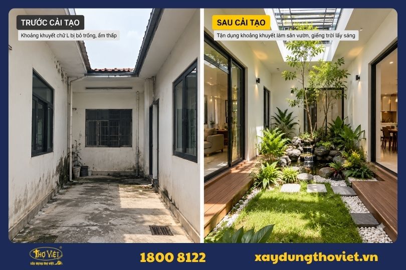Tận dụng phần khuyết chữ L làm sân vườn, giếng trời lấy sáng